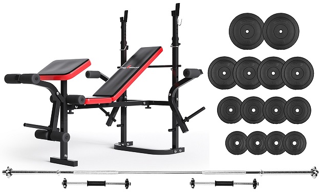 Zestaw do ćwiczeń 90kg z ławką PH 2132 sztangą prostą 180 cm, zestawem talerzy 55 kg i hantlami